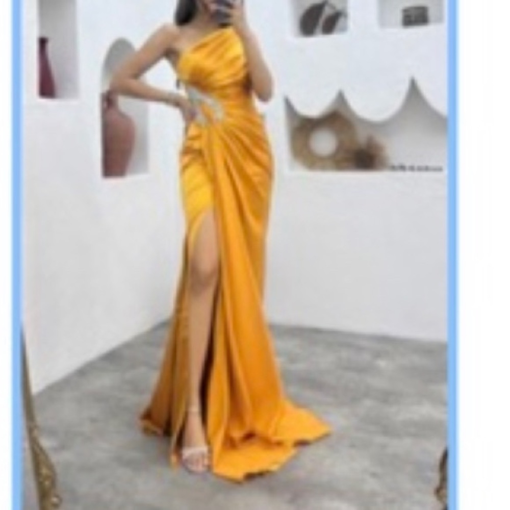 One shoulder wedding guest dress yellow